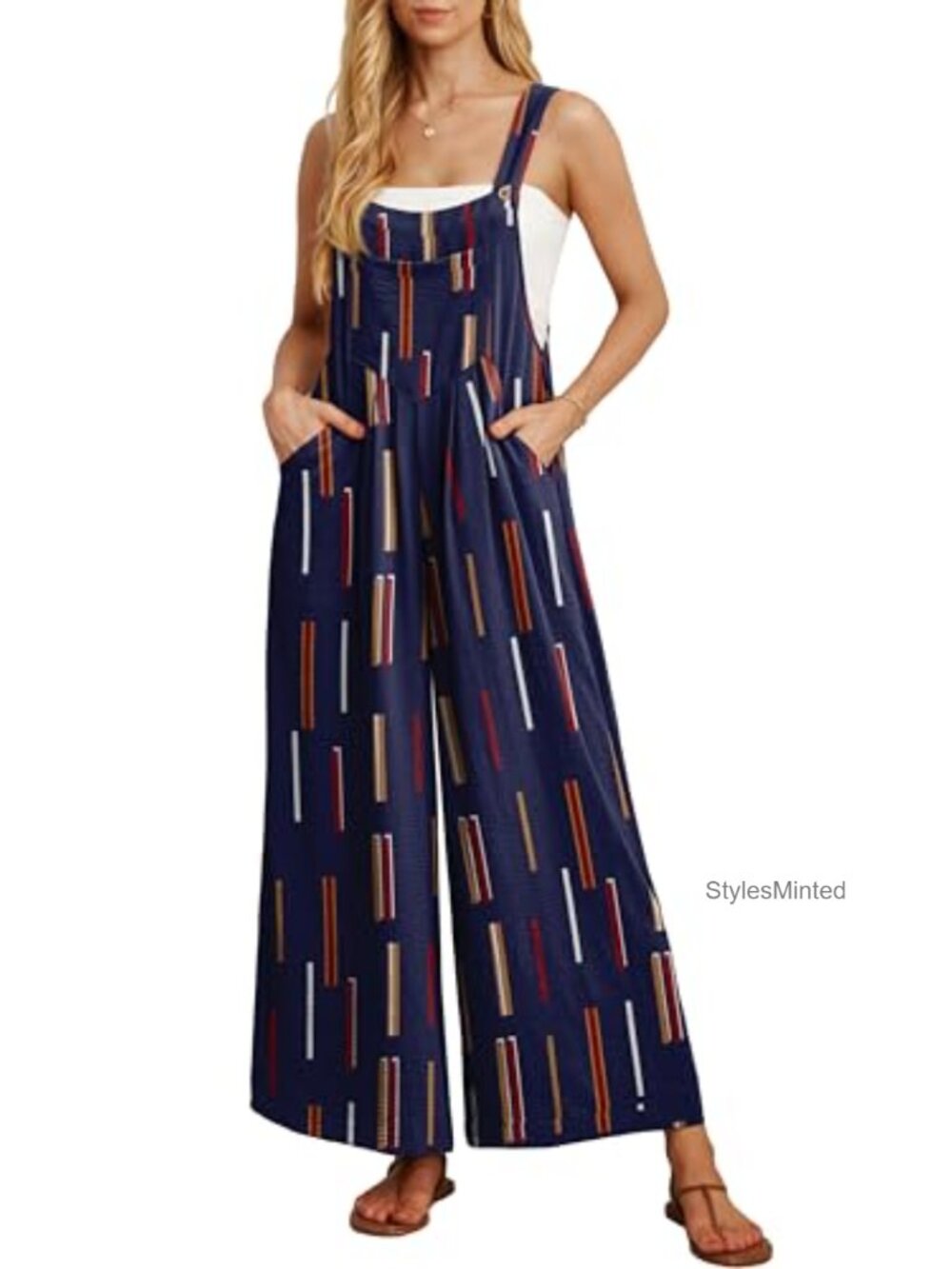 Women's Summer Wide Leg Overalls Sleeveless Loose Jumpsuit with Pockets